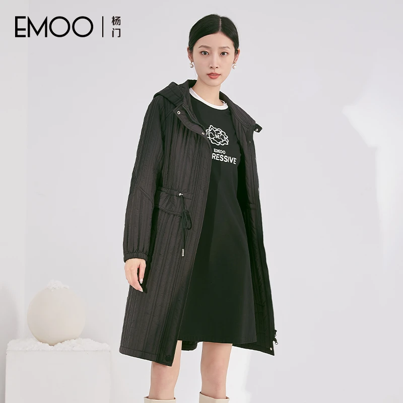 EMOO/杨门宽松中长款棉衣女连帽外套轻薄棉大衣E43E038197