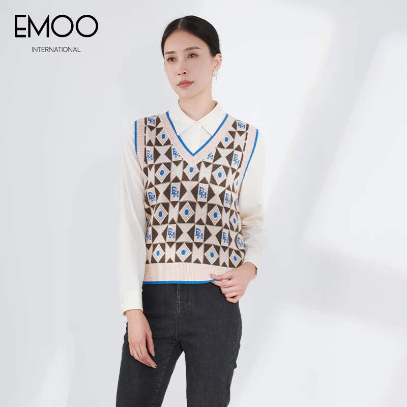 EMOO/杨门针织衫女V领无袖毛衣马甲2023冬装毛衫背心E42A181489