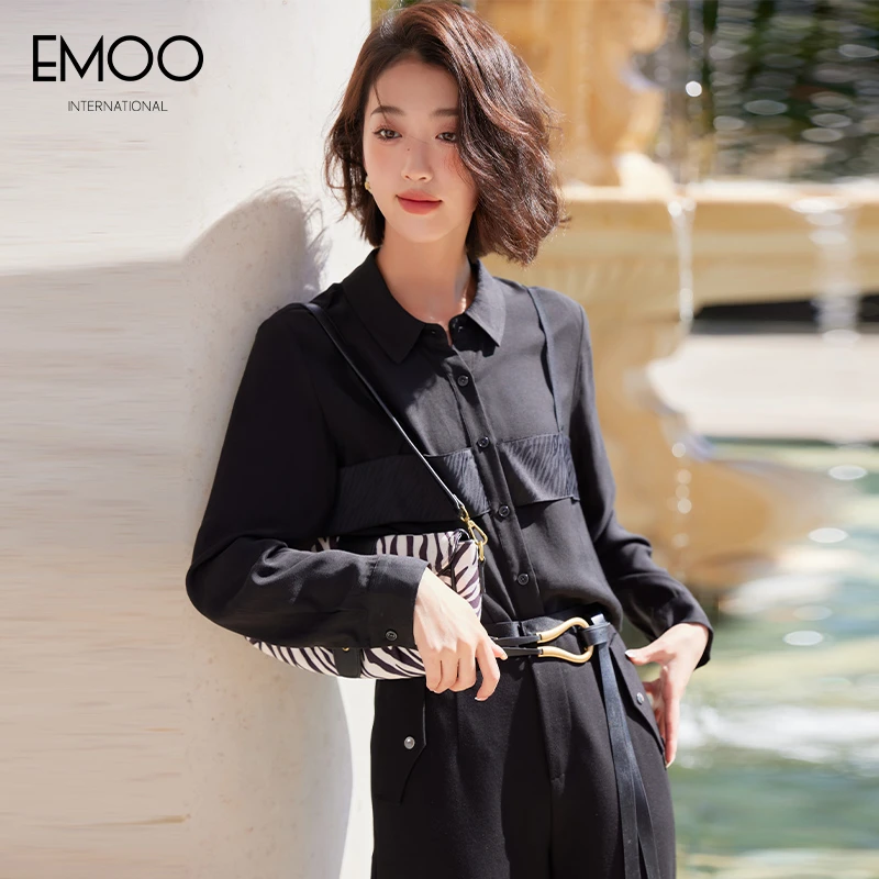 EMOO/杨门单排扣黑色直筒衬衫女士2024春季新款衬衣E13H013141