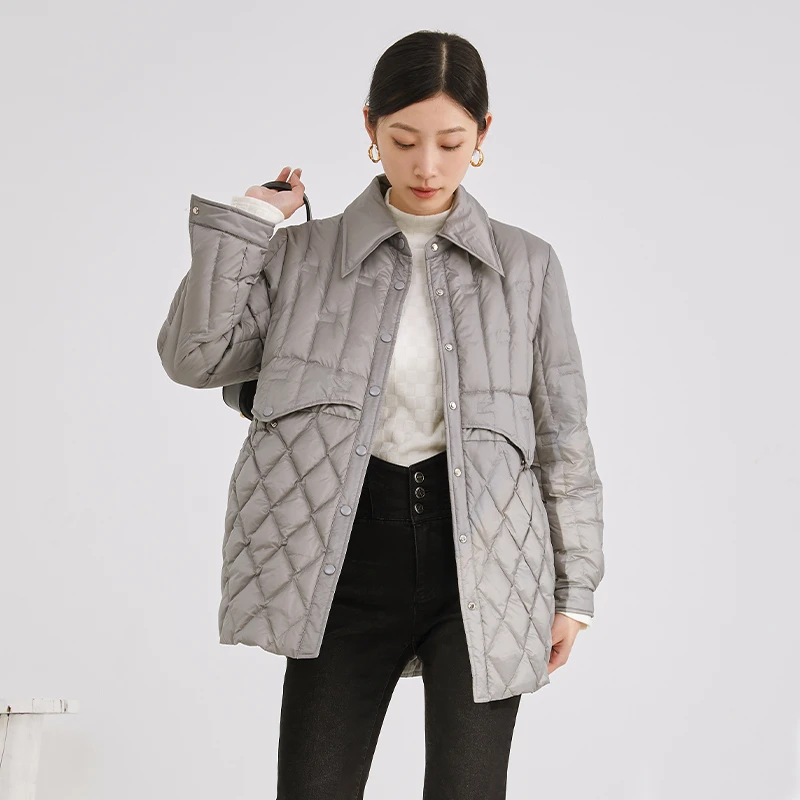 EMOO/杨门轻薄羽绒服女灰色衬衫领短外套冬季羽绒衣E43Y019054