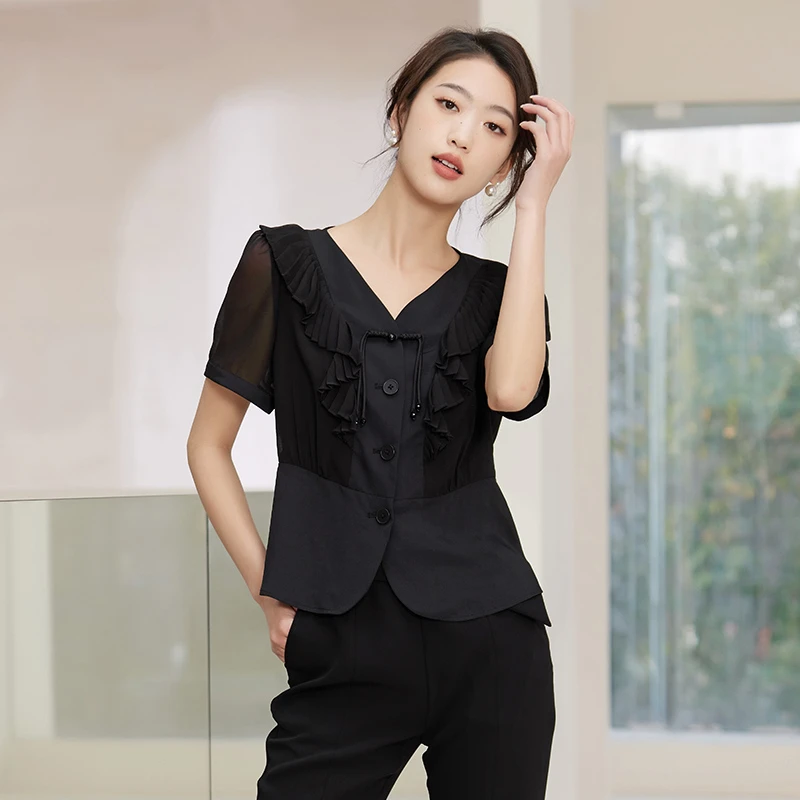 EMOO/杨门显瘦衬衫女气质黑色小众修身设计感衬衣通勤E23H023515