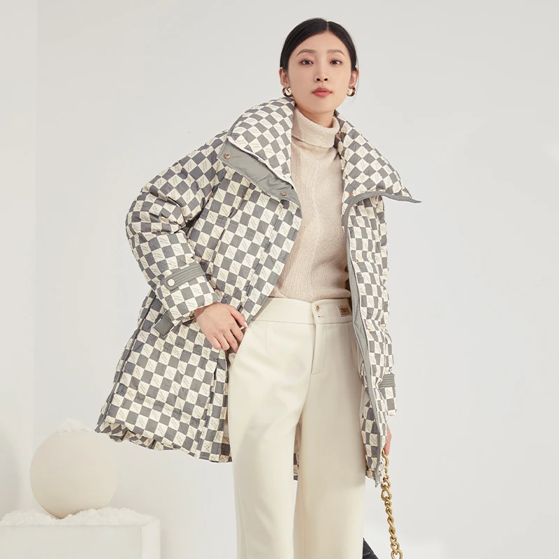 EMOO/杨门灰色格纹羽绒服女加厚2024冬季新款羽绒外套E43Y039345