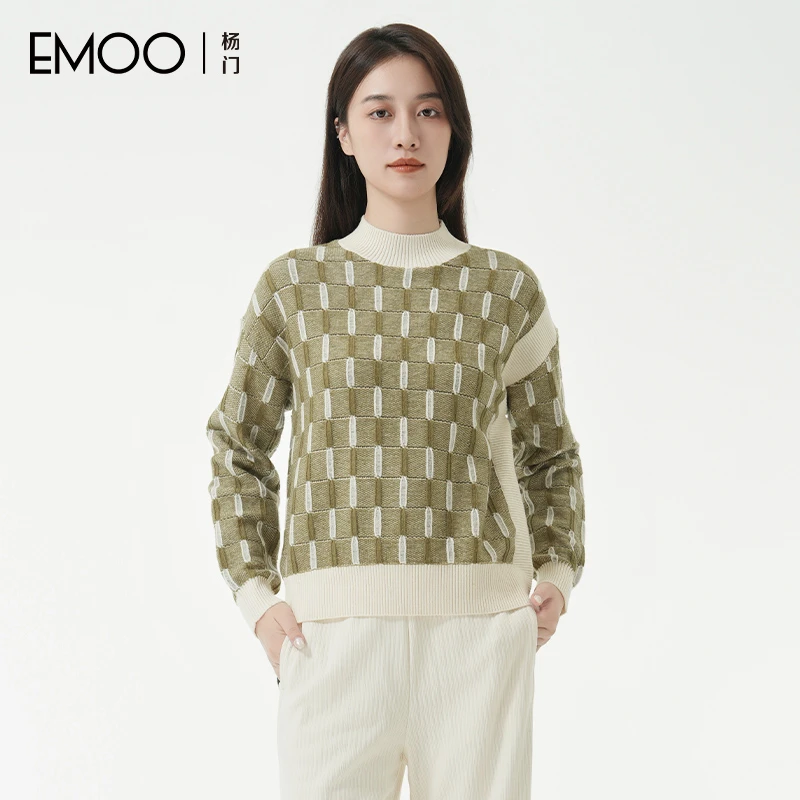 EMOO/杨门长袖针织衫女圆领套头中领毛衣绿色E43A011078