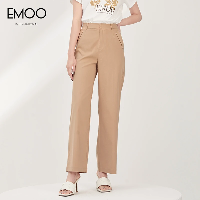 EMOO/杨门阔腿裤女高腰大直筒裤通勤复古休闲裤子夏季E23B013195
