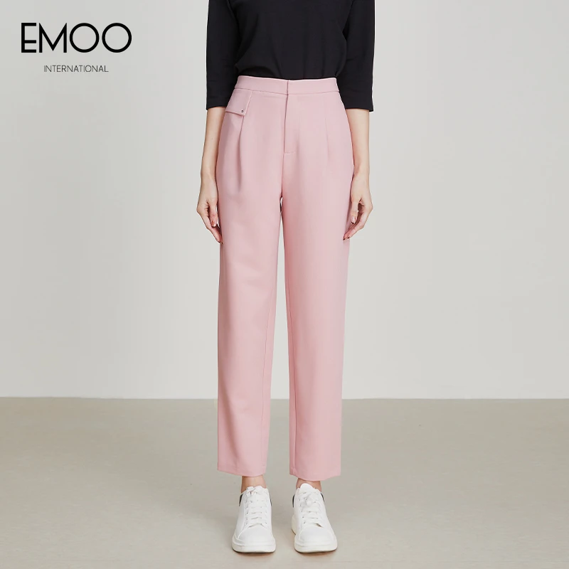 EMOO/杨门粉色高腰直筒裤女士2024春季新款长裤宽松E13B073087