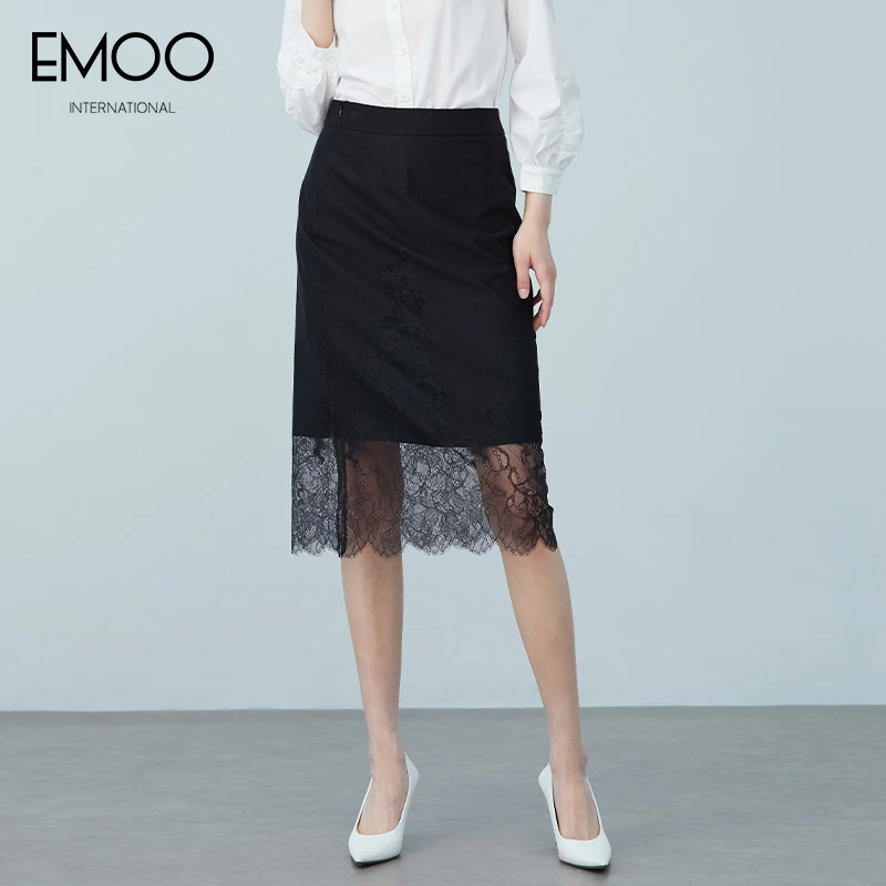 EMOO/杨门黑色中裙蕾丝时尚包臀高腰气质显瘦春优雅季E12C023148