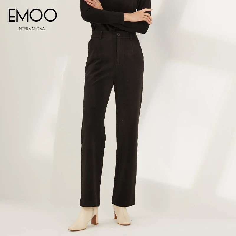 EMOO/杨门冬装新款阔腿裤女黑色高腰休闲裤外穿直筒裤E42B013035