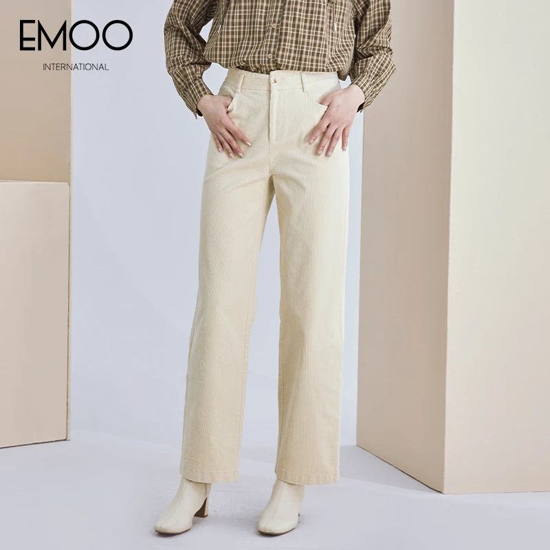EMOO/杨门秋新款米白大直筒裤时尚休闲宽松高腰百搭E32B013353