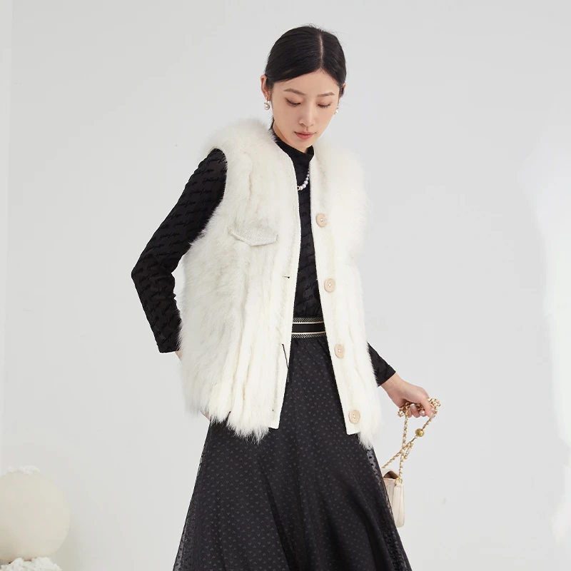 EMOO/杨门皮草马甲女白色短款无袖外套毛马甲E43M025365