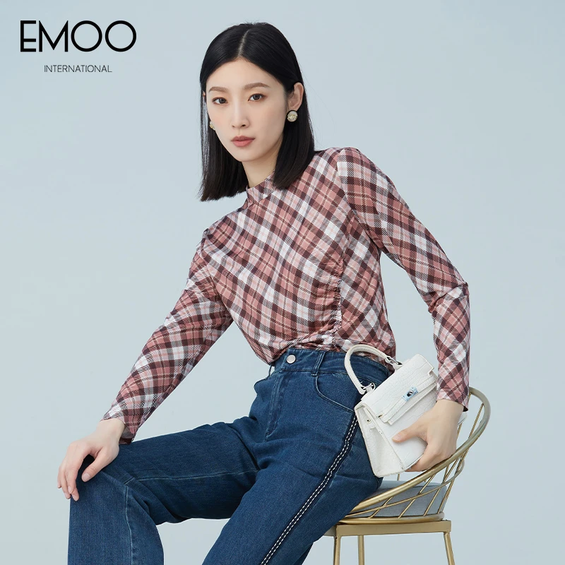 EMOO/杨门春季通勤格子长袖T恤复古时尚百搭小众设计感E12X012236