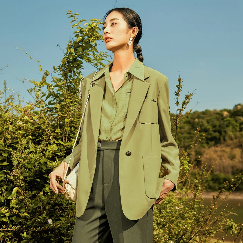 EMOO/杨门西装外套女绿色单排扣西服韩版小西装秋季E33S013246