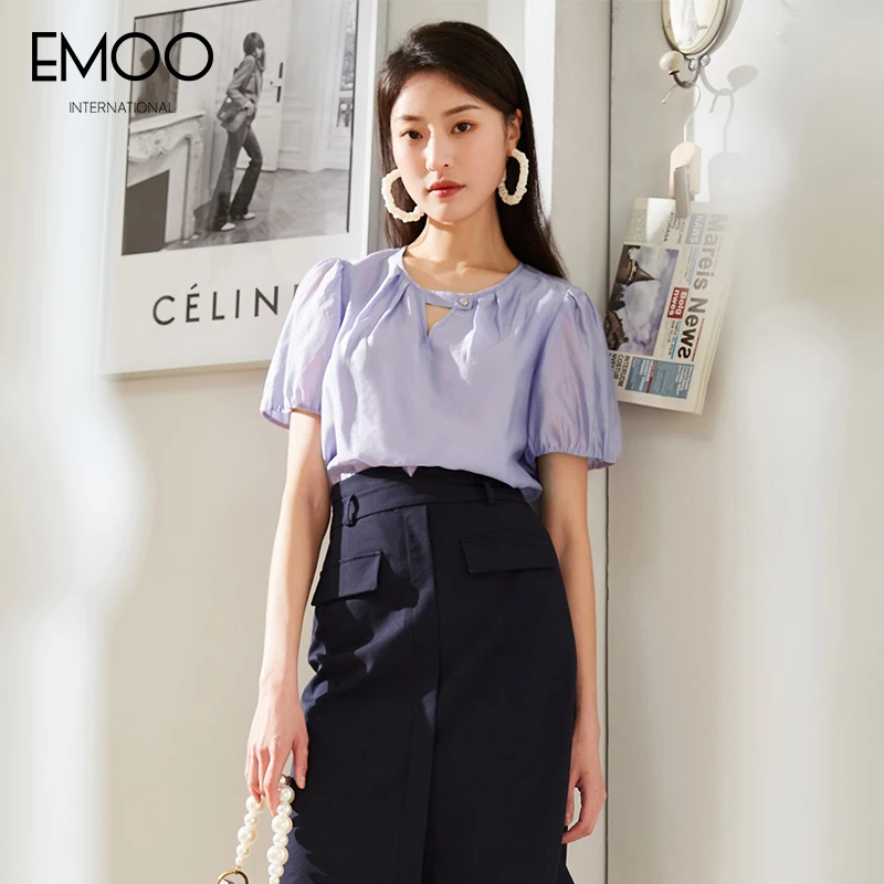 EMOO/杨门浅紫色夏季短袖泡泡袖套头衫圆领时尚小众E22T023231