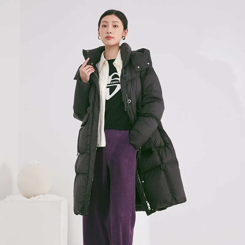 EMOO/杨门中长款羽绒服女黑色加厚连帽白鸭绒大衣外套E43Y039410