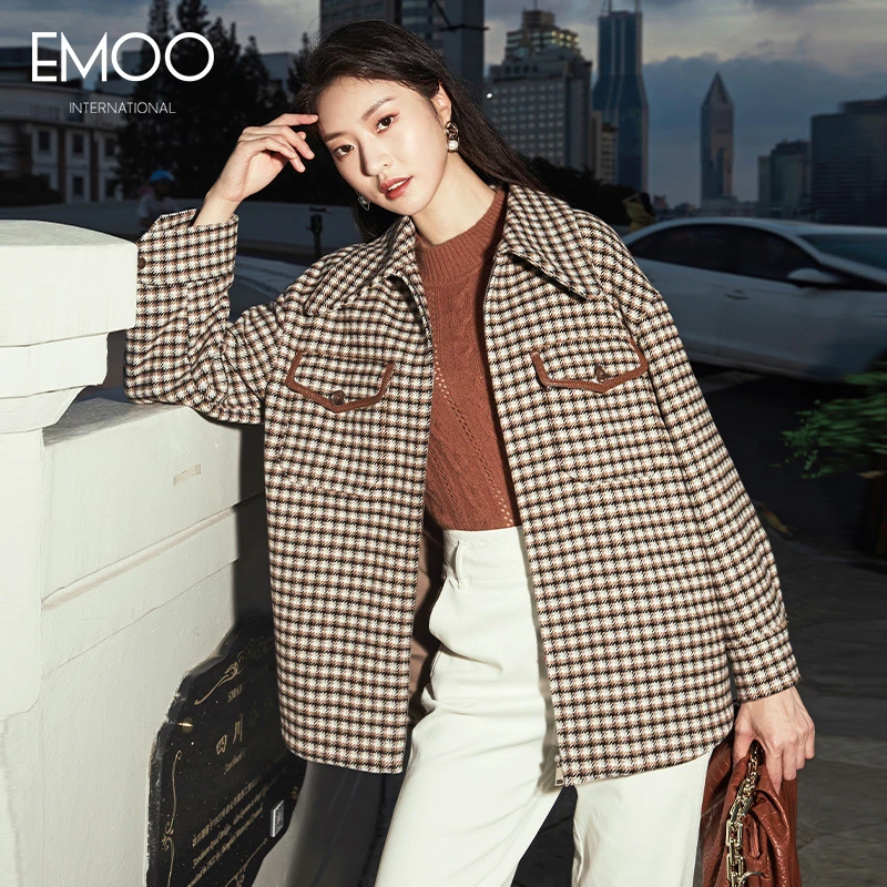 EMOO/杨门千鸟格格子大衣米色金葱格纹长袖中长外套E41W173062