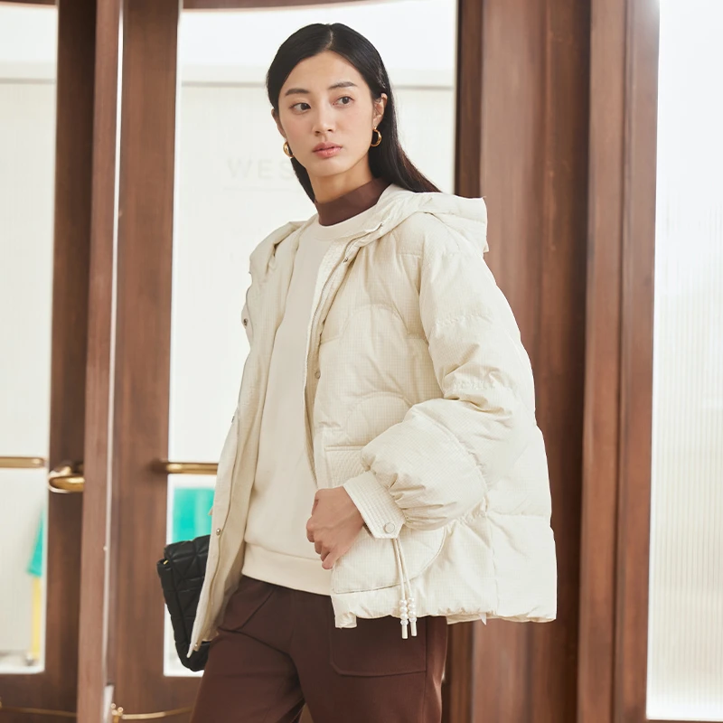 EMOO/杨门羽绒短外套女2024冬季新款连帽羽绒衣白色E43Y049287