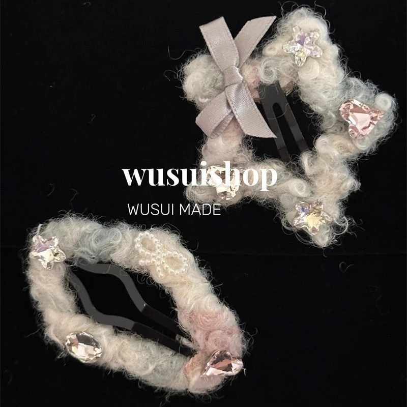 韩系气质风甜美毛绒水钻蝴蝶结发夹甜美可爱少女心精致发饰刘海夹