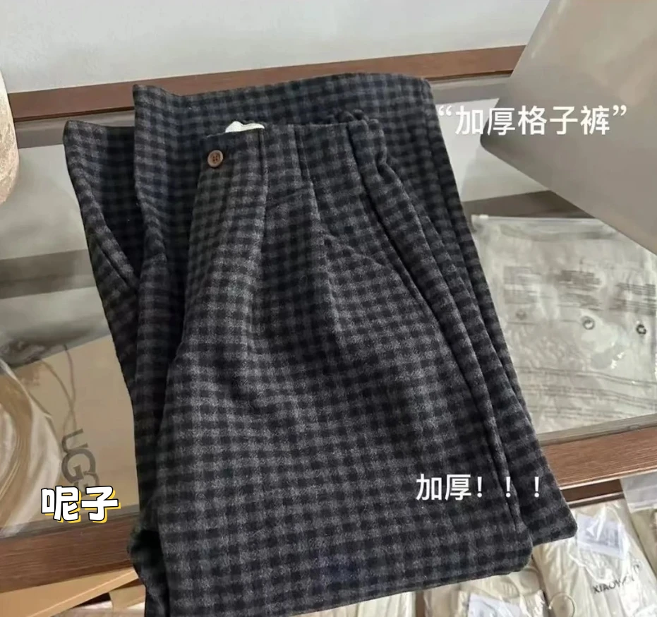 冬季毛呢格子阔腿裤高腰休闲裤垂感加厚西装裤显瘦百搭韩版直筒裤
