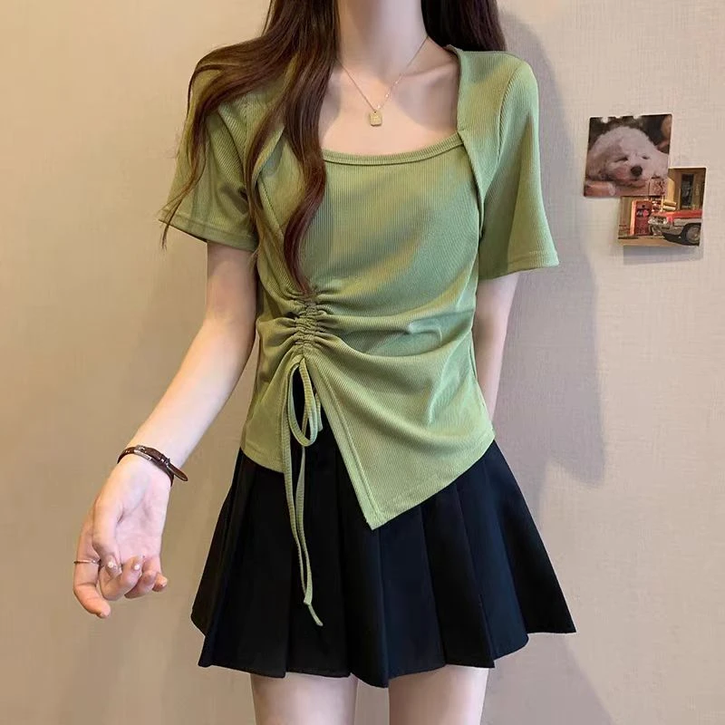 大码女装2024夏季新款修身显瘦方领正肩短袖上衣胖mm不规则t恤女