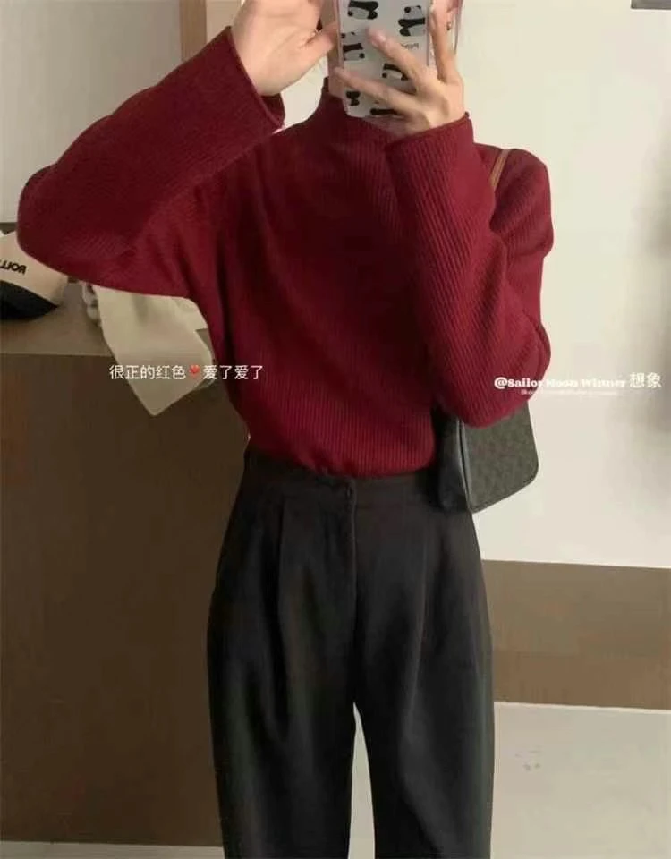 半高领宽松慵懒风红色上衣百搭打底针织衫女秋冬加厚洋气内搭毛衣