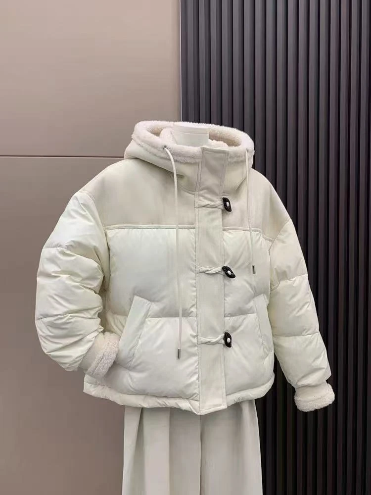 6631连帽羊羔毛拼接羽绒服女冬季2025小个子加厚保暖90白鸭绒外套