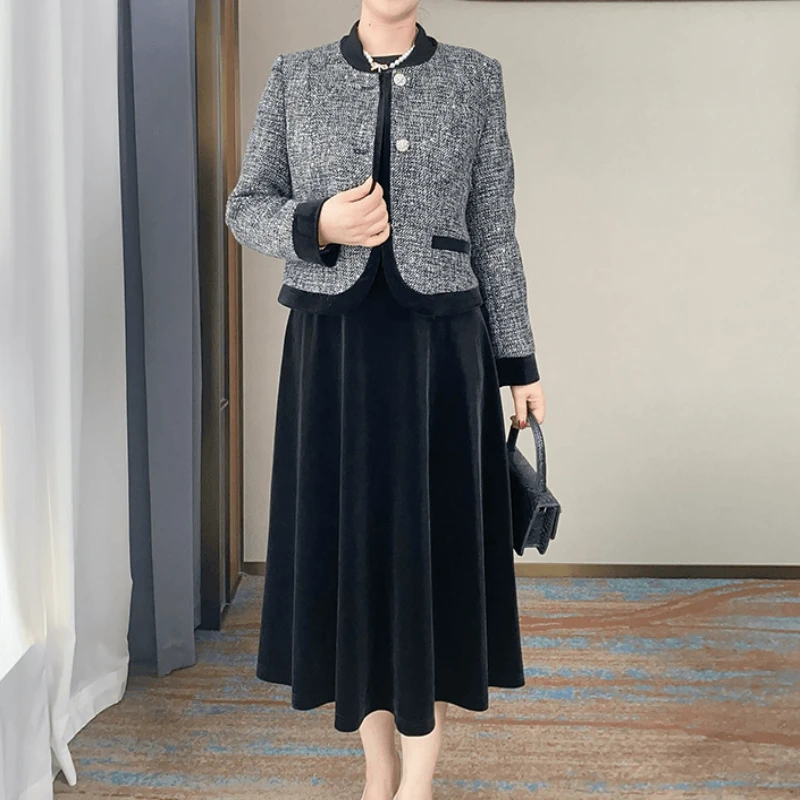 黛迹气质妈妈装小香风外套连衣裙两件套新款中年女长裙子CH24C29