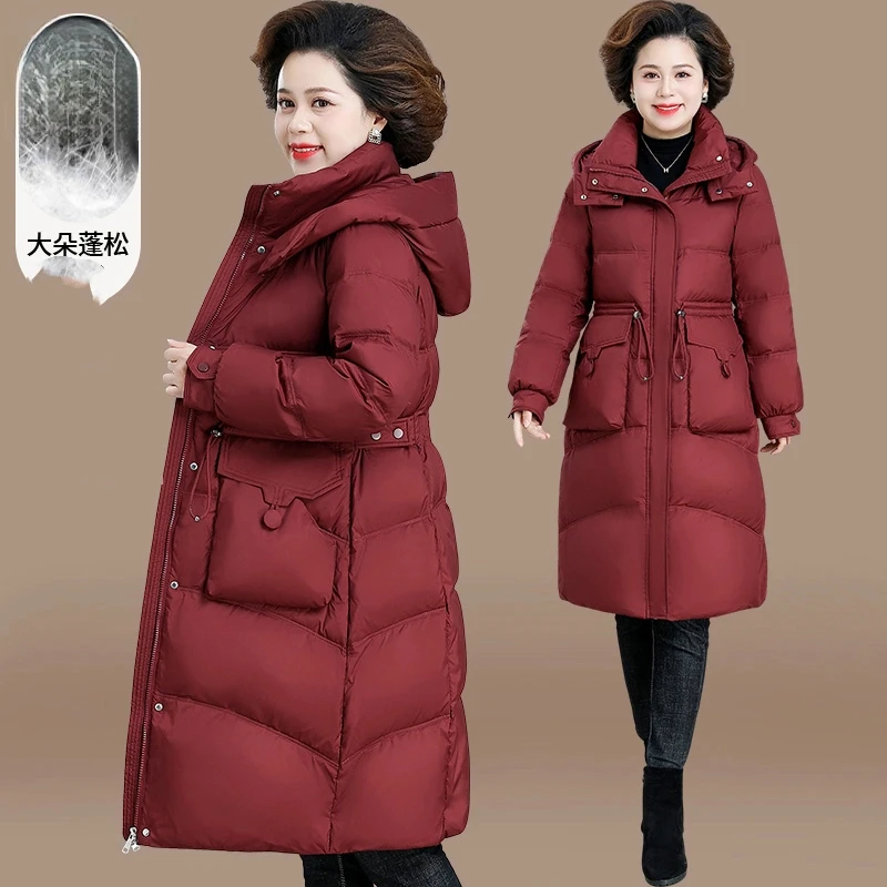 黛迹妈妈冬季羽绒服2024新款时尚洋气中长款棉服中老年女红色外套