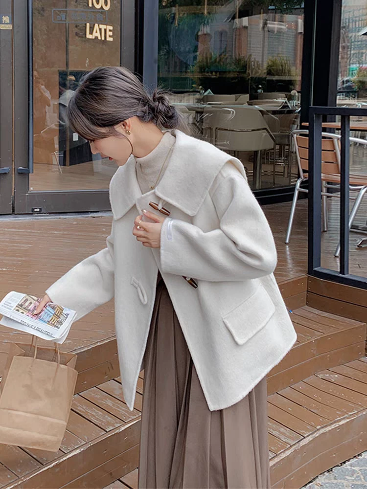 韩系双面某羊外套冬季新款女2024甜美牛角扣气质学院风海军领上衣