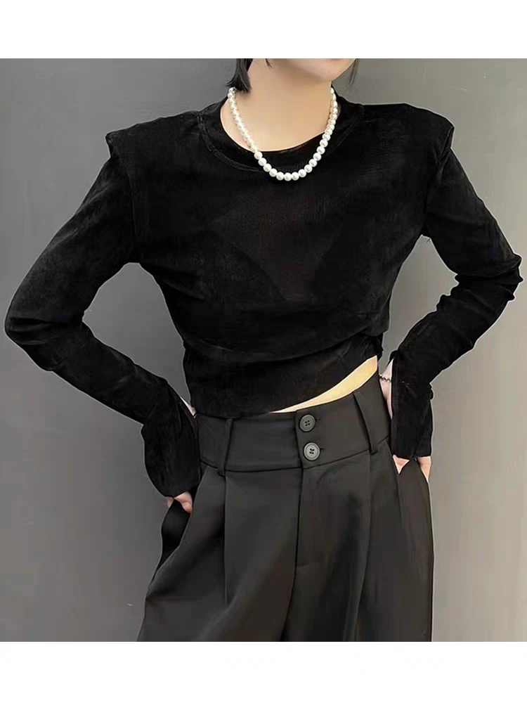 丝绒打底衫女秋冬高级感内搭短款正肩长袖t恤高端修身上衣