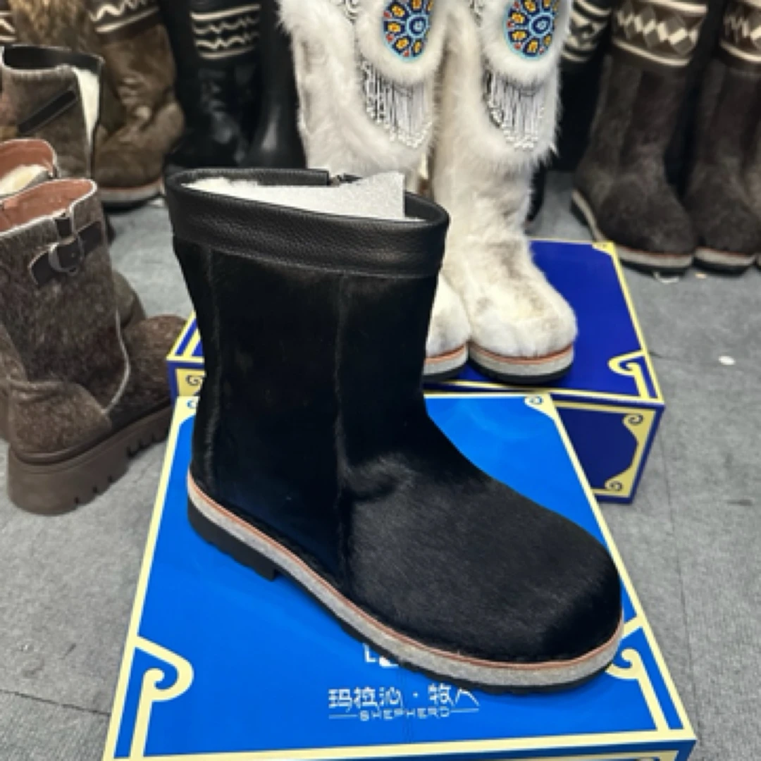 1889-2玛拉沁马皮毛毛冬季男款黑色拉链款短靴防寒防滑日常厚底