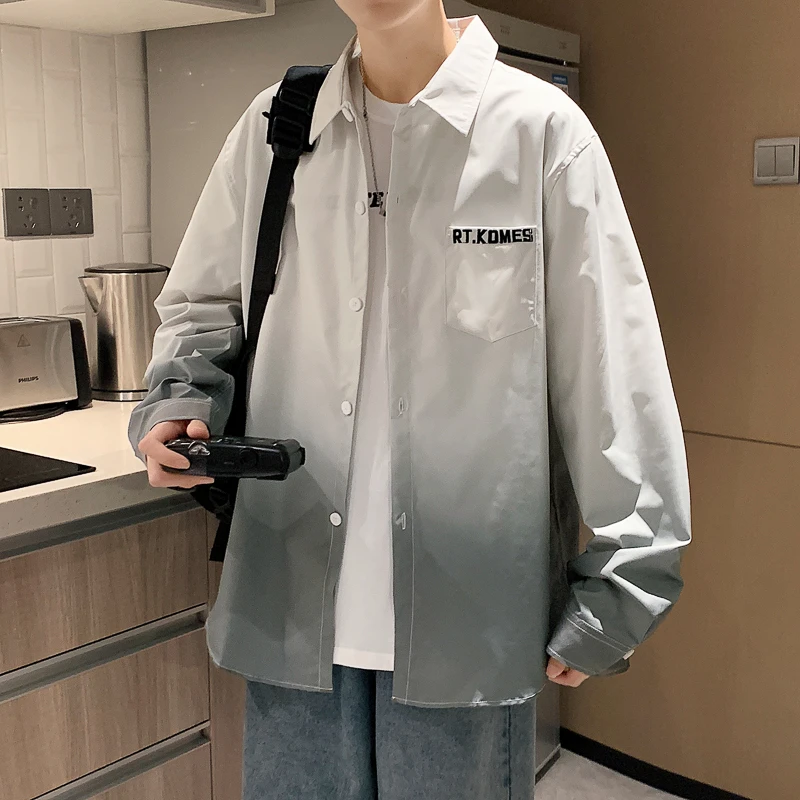 渐变色长袖衬衫男春秋新款潮牌上衣服青少年宽松休闲薄款衬衣外套