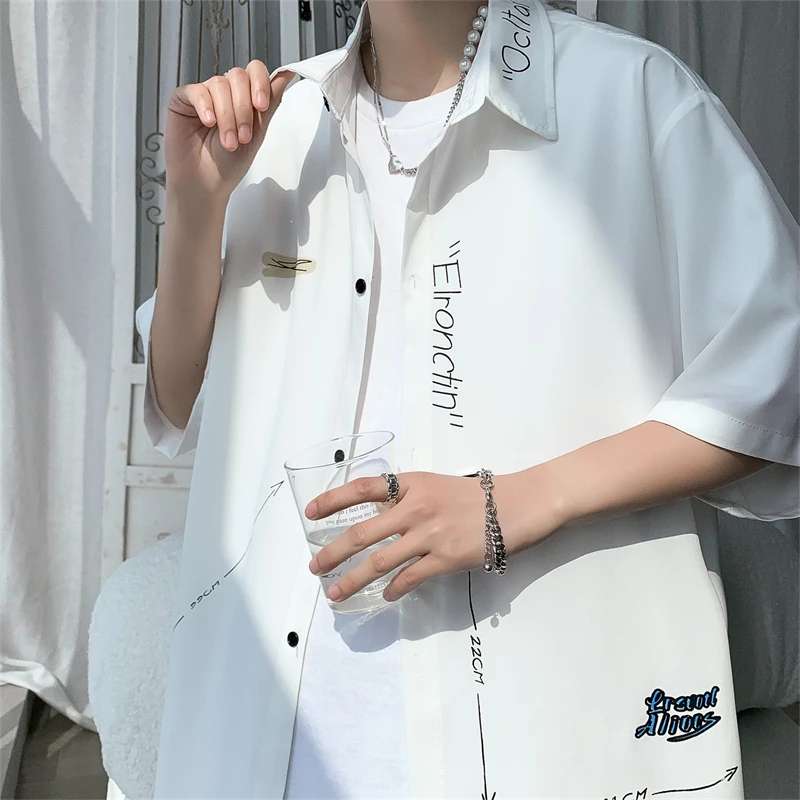 冰丝白衬衫男短袖夏季薄款坠感大码衬衣潮牌痞帅慵懒风休闲外套潮