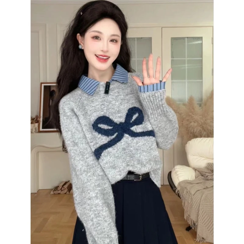 【茉茉】蝴蝶结刺绣印花假两件撞色翻领毛衣半身裙套装QYM002342