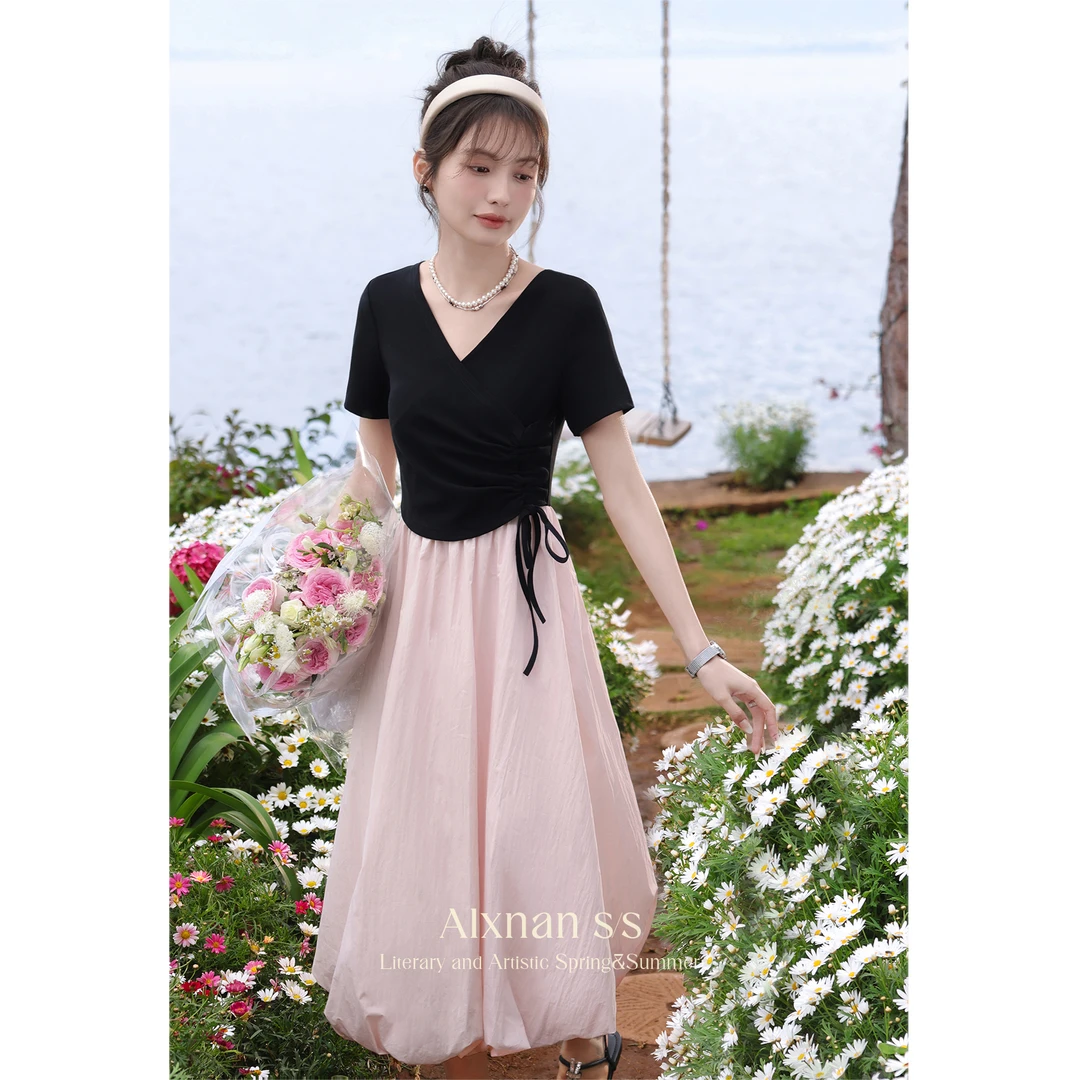 鹿向南【茉茉】【荷枝桃桃】假两件粉黑色拼接连衣裙L37102