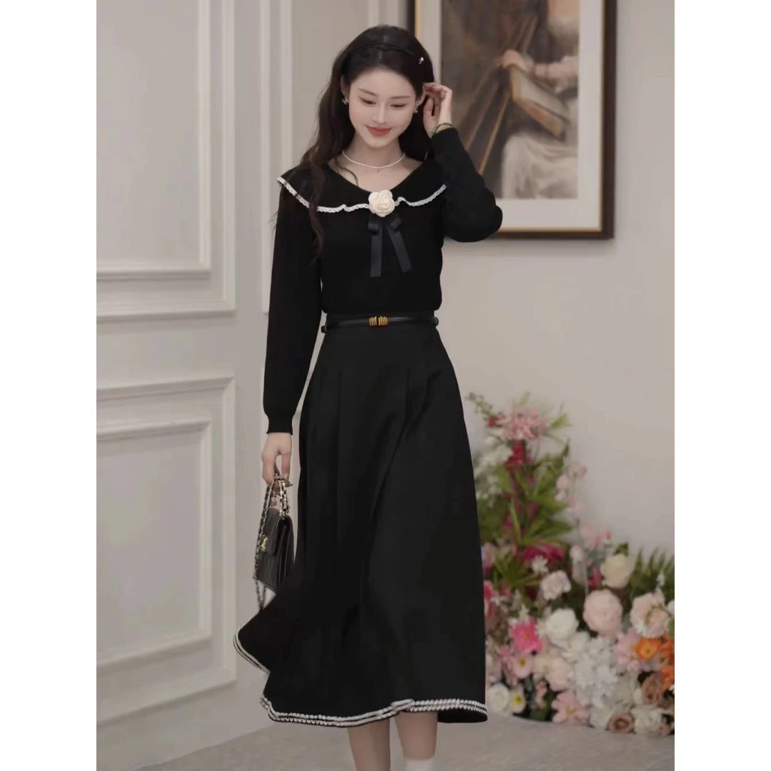 【茉茉】法式小香风长袖针织衫气质显瘦高腰半身裙两件套L39736