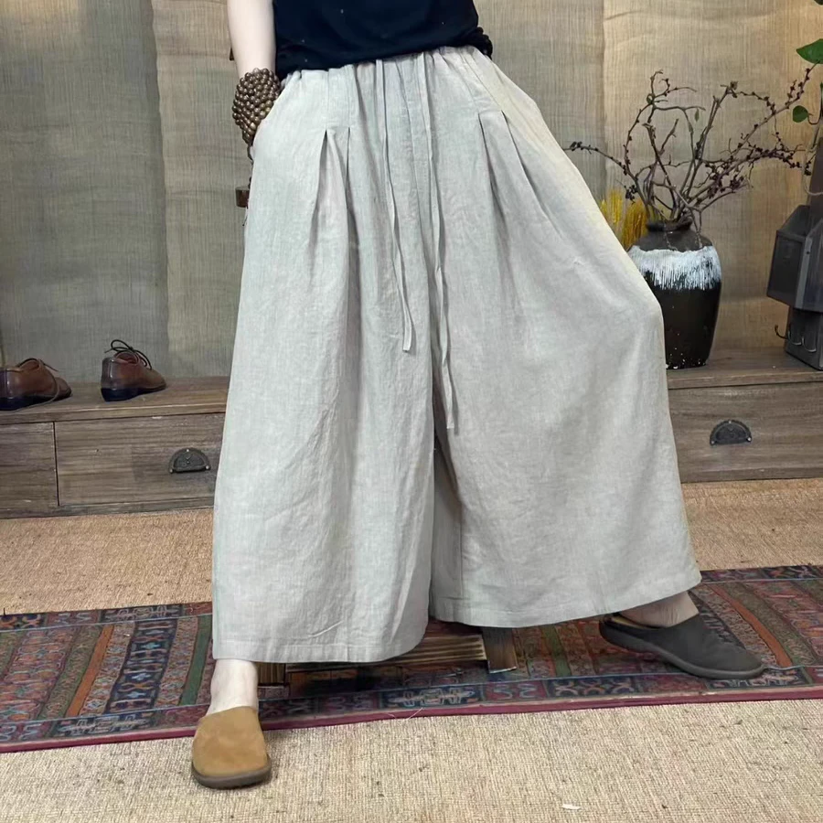 【语禾】2611亚麻炒色阔腿裤大码宽松减龄百搭九分裤 长84臀围140
