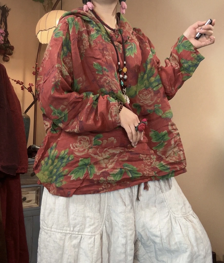 【语禾】3050纯苎麻春季双层连帽衫长袖打底拼接小衫衣长60胸围125