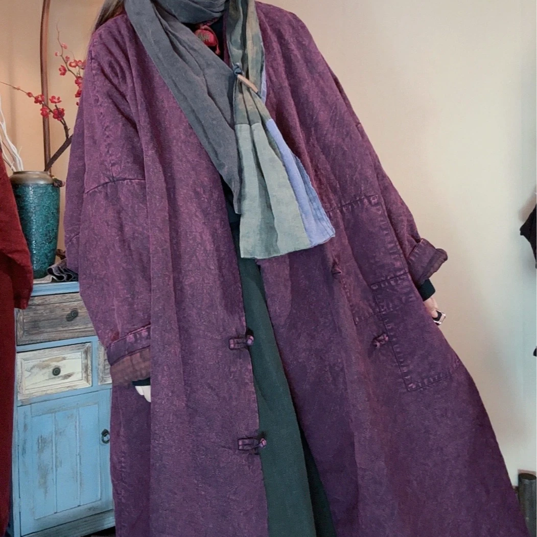 【语禾】3032冬季汉麻炒色宽松加大禅意长款大气保暖纯色棉服长125