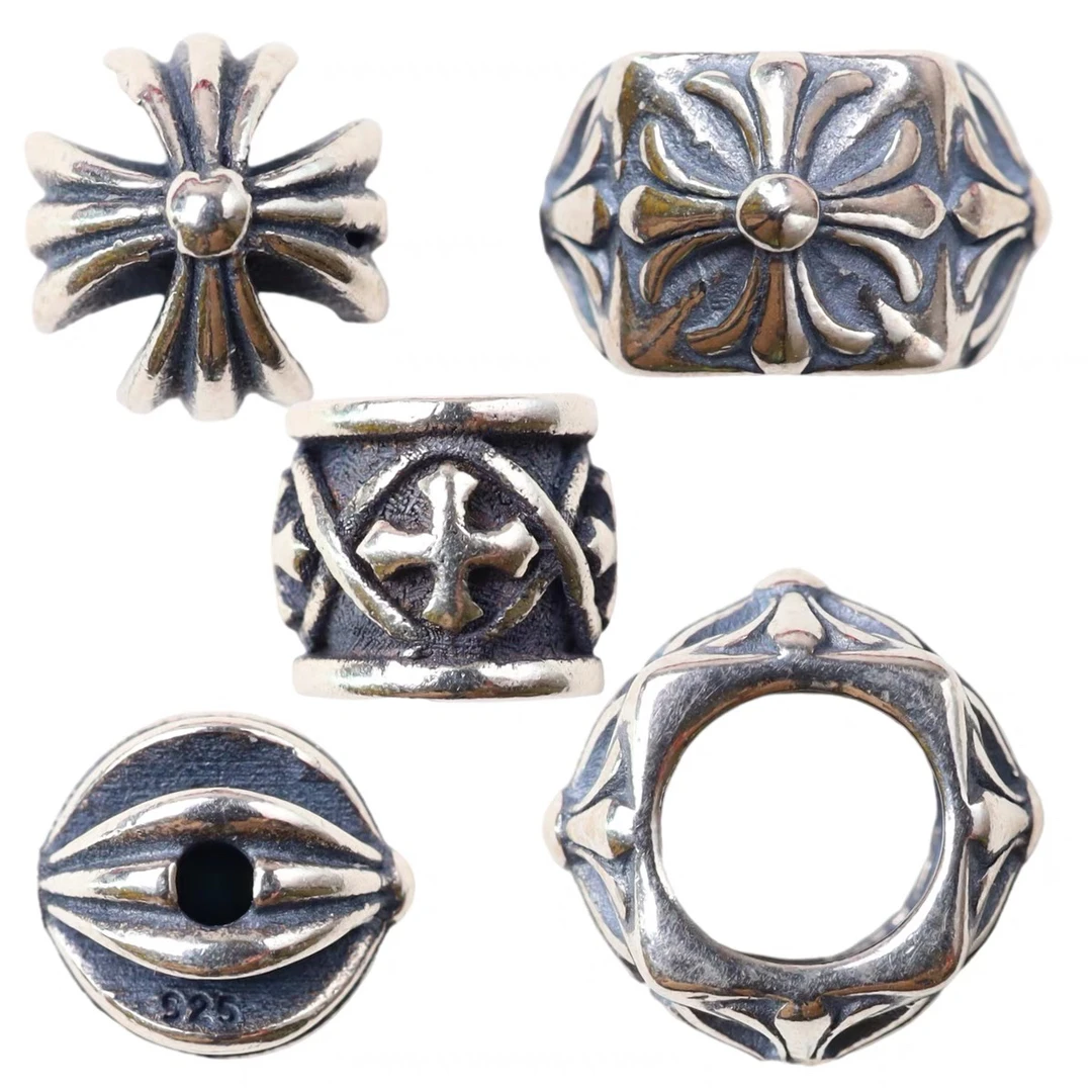 吊坠925银 十字架花珠跑环手工菩提子柏香籽配饰卡环桶珠隔珠银饰