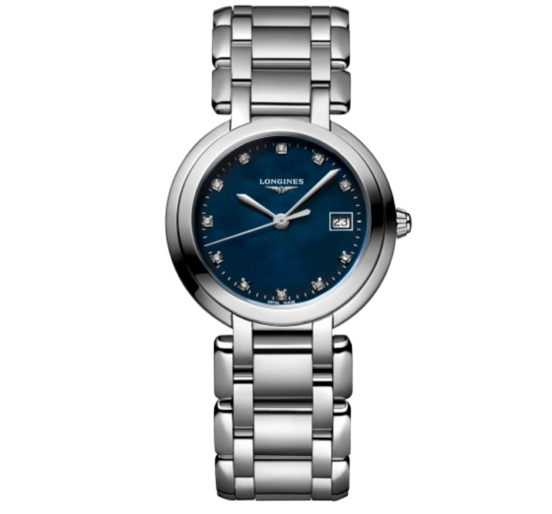 99新 Longines/浪琴 心月112/30mm石英女表/蓝贝母钻石 刻度/钢带