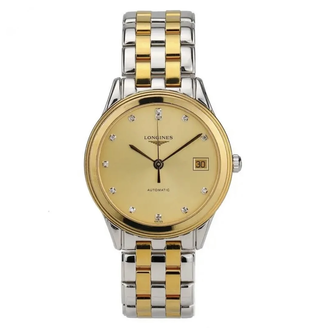 99新 Longines/浪琴 军旗774/36全自动机械表/金盘钻石 刻度/钢带