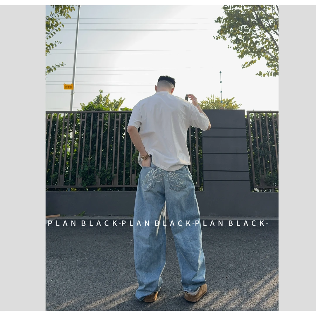 RICH陈发财【闪王】蓝牛仔代表！插兜闪钻情侣直筒长裤6660