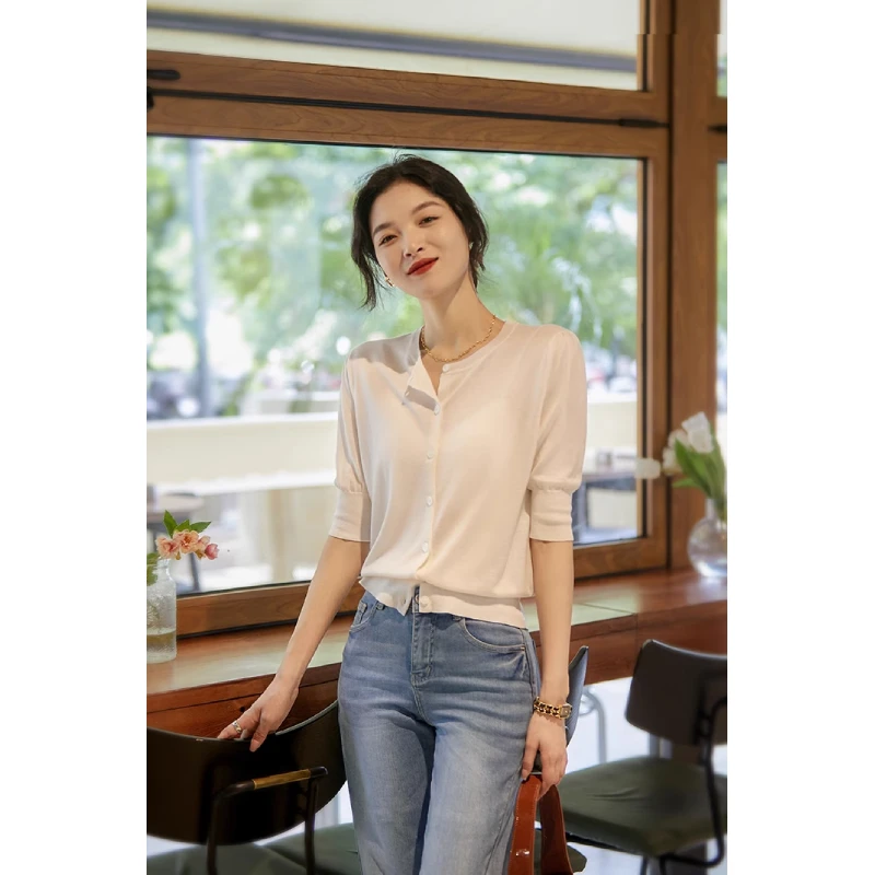 笑涵阁【夏季薄款百搭开衫】扬子纱全羊毛针织上衣女ZY358306MG显瘦