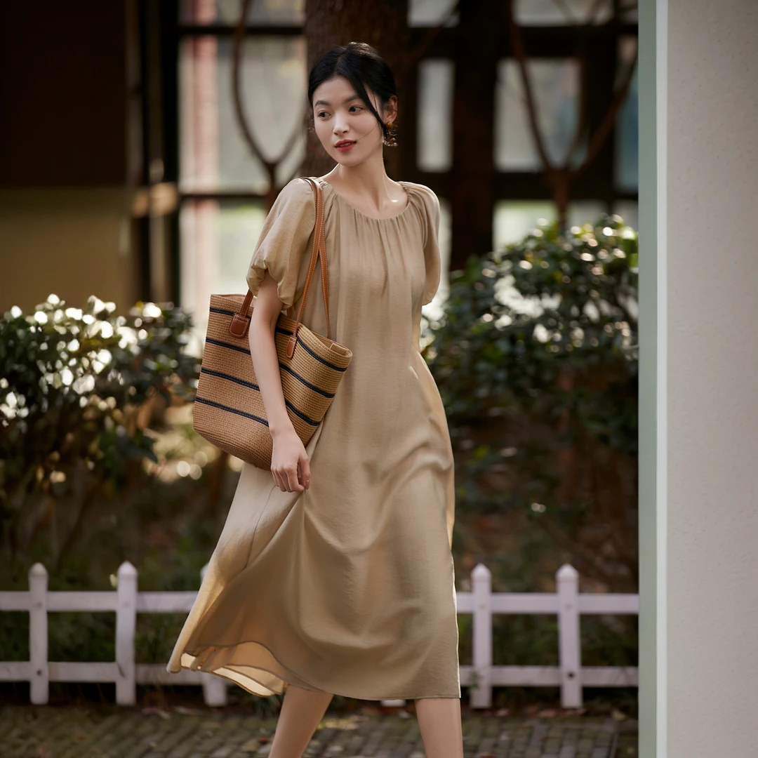 笑涵阁【心动假日系列】莱赛尔+亚麻|圆领花苞袖连衣裙の