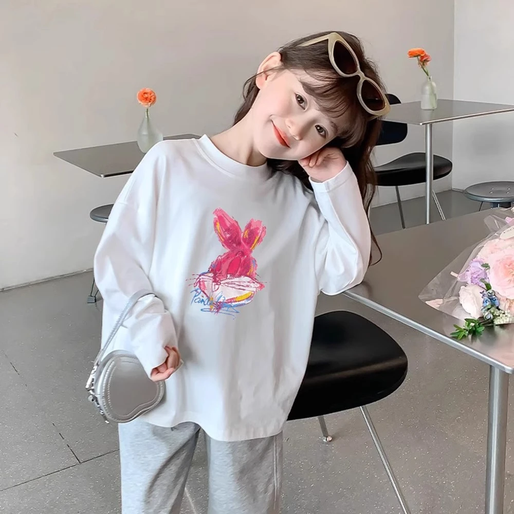 女童兔子长袖t恤春秋2024新款儿童洋气纯棉打底衫小女孩秋装上衣