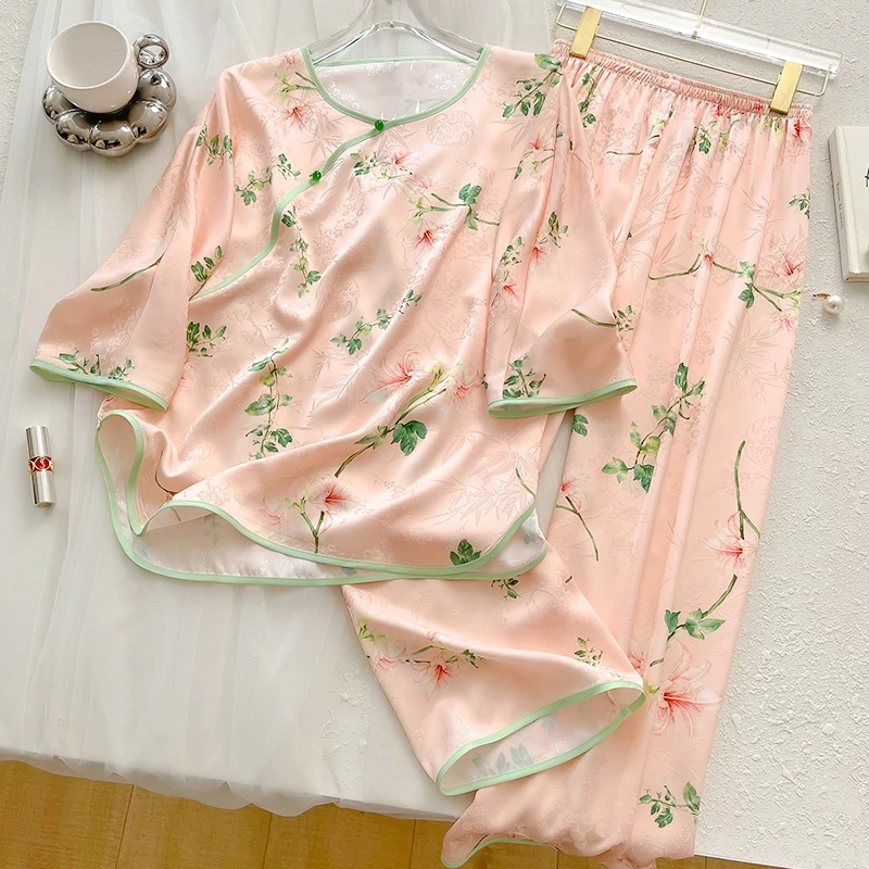 春夏季新款新中式宫廷风冰感睡衣女款中国风百搭设计感家居服套装