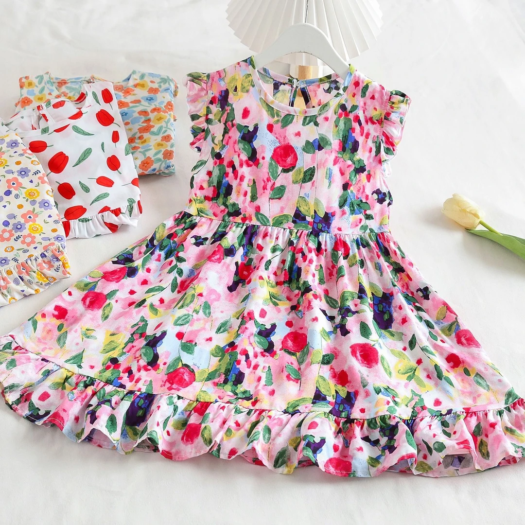 清凉柔软~女童飞袖碎花棉稠连衣裙夏薄款中大童碎花人造棉沙滩裙