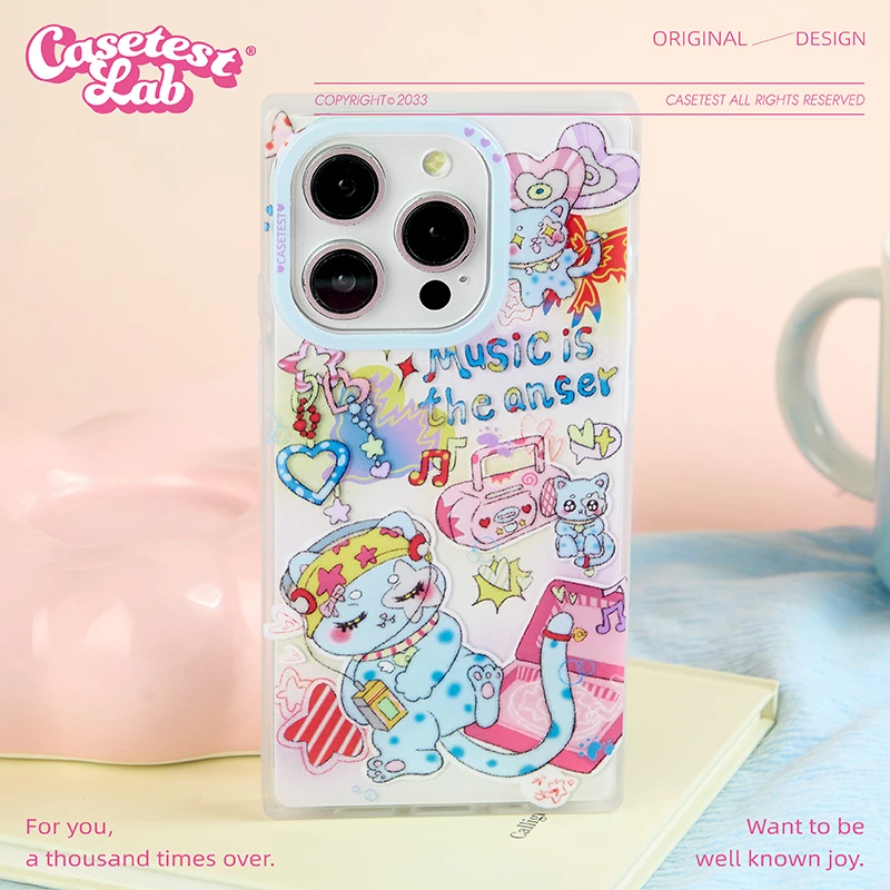 壳试验唱片小猫双层方形手机壳 适用iPhone16Promax 15Pro 14 13