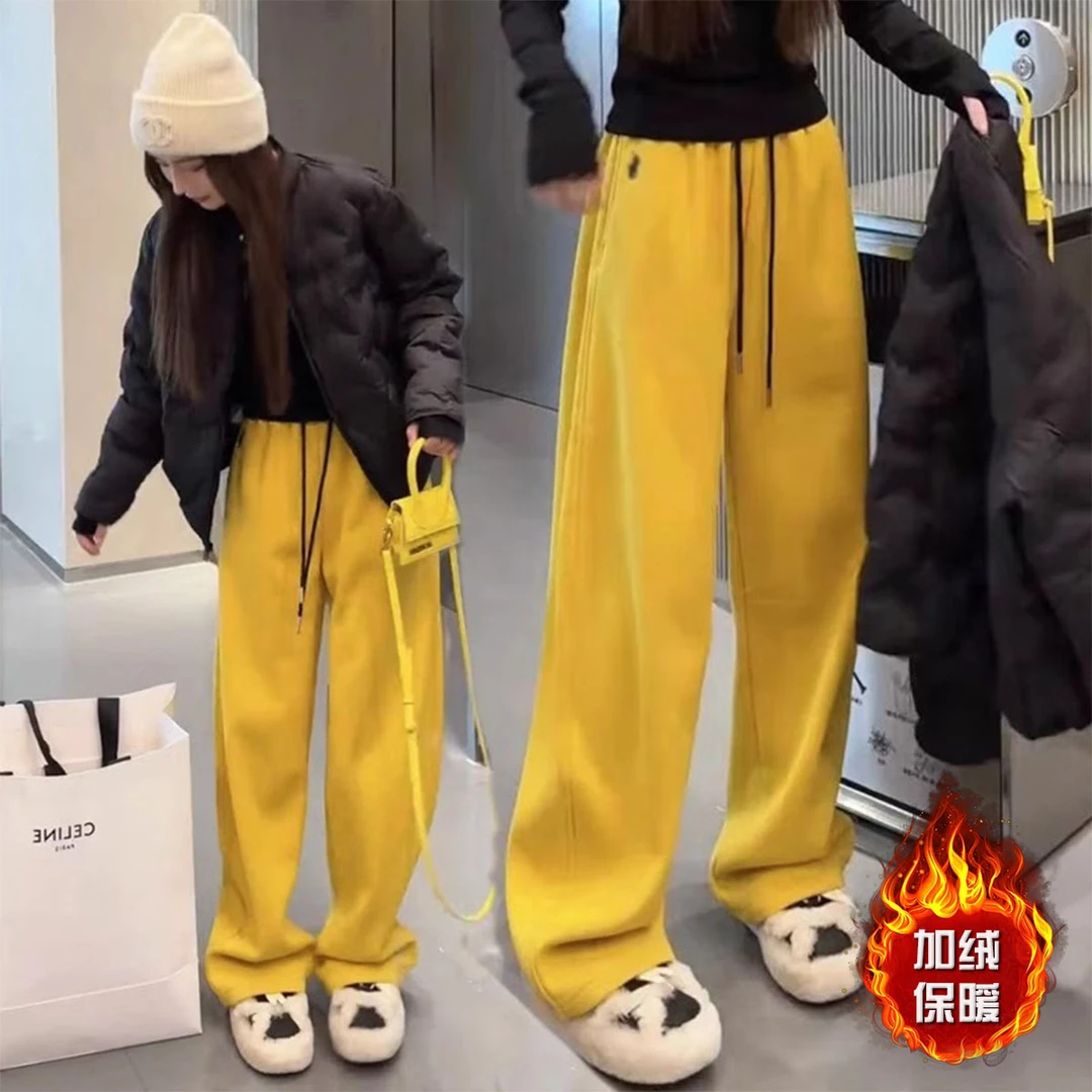 加绒加厚2024新小马刺绣休闲裤女秋冬新款高腰宽松显瘦百搭阔腿裤