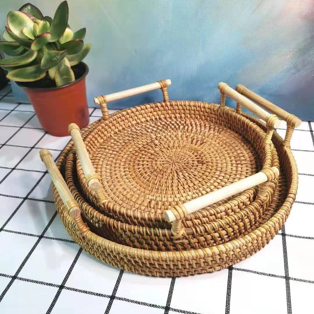 越南手工藤编织收纳筐水果篮零食筐日式面包篮馒头筐家用收纳托盘