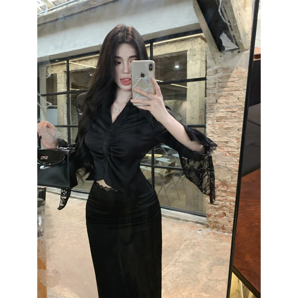 御姐感气质套装蕾丝拼接长袖衬衫女夏季开叉包臀半身裙黑色两件套